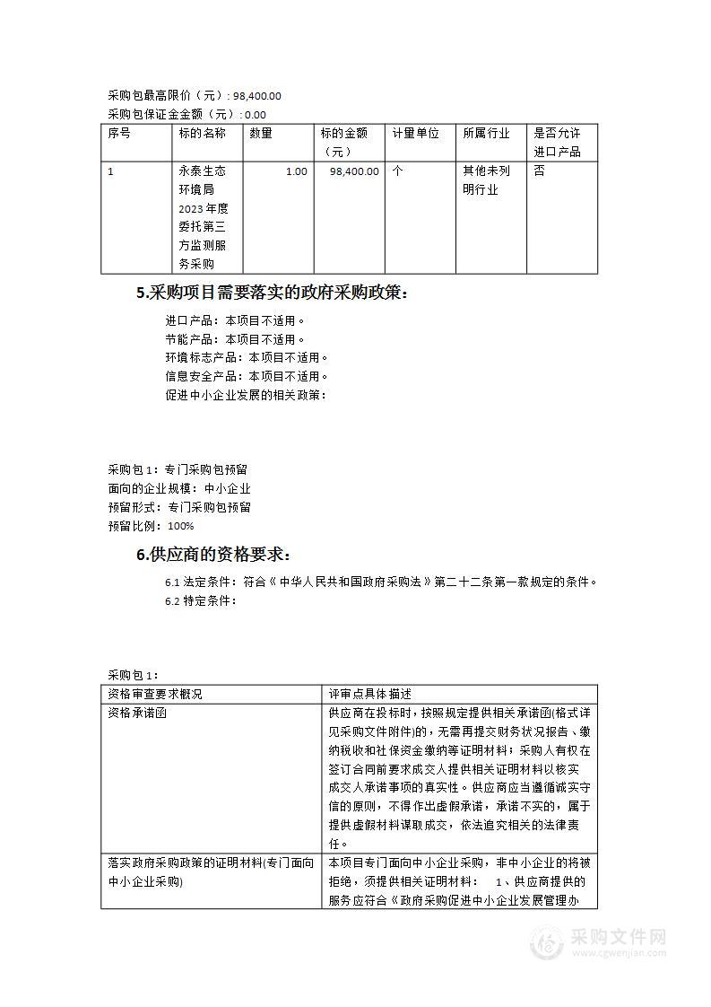 永泰生态环境局2023年度委托第三方监测服务采购