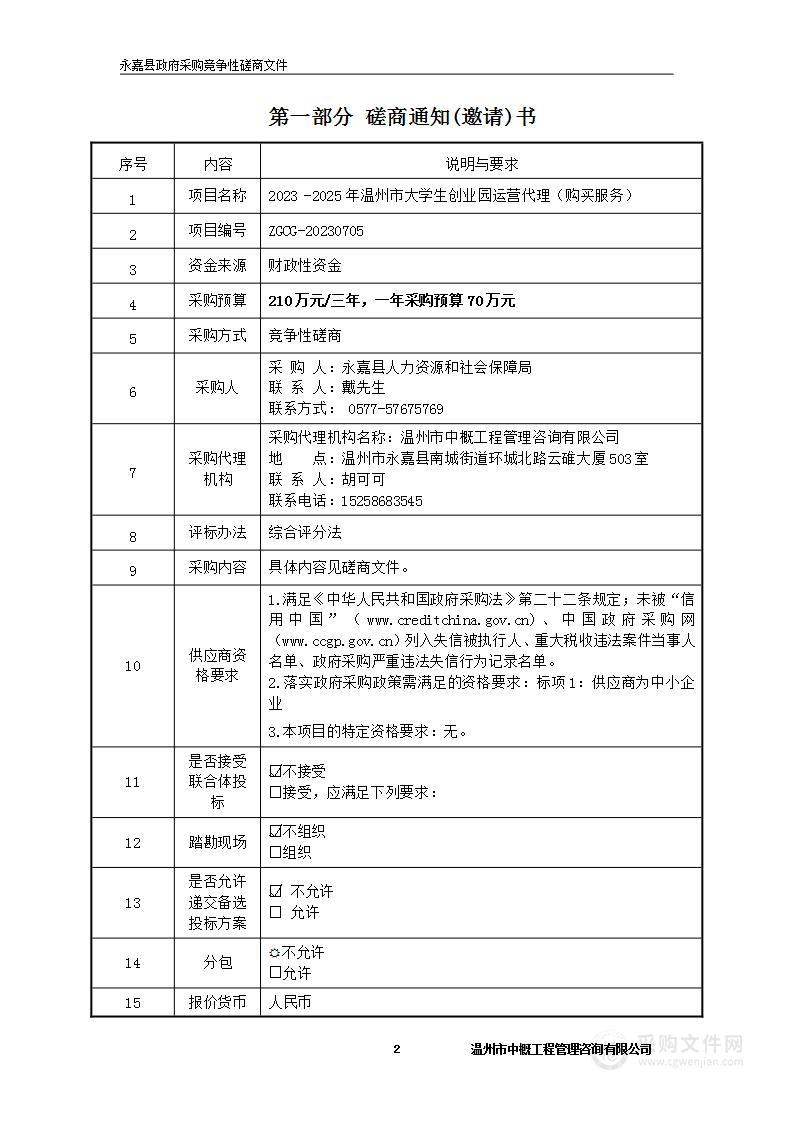 2023 -2025年温州市大学生创业园运营代理（购买服务）