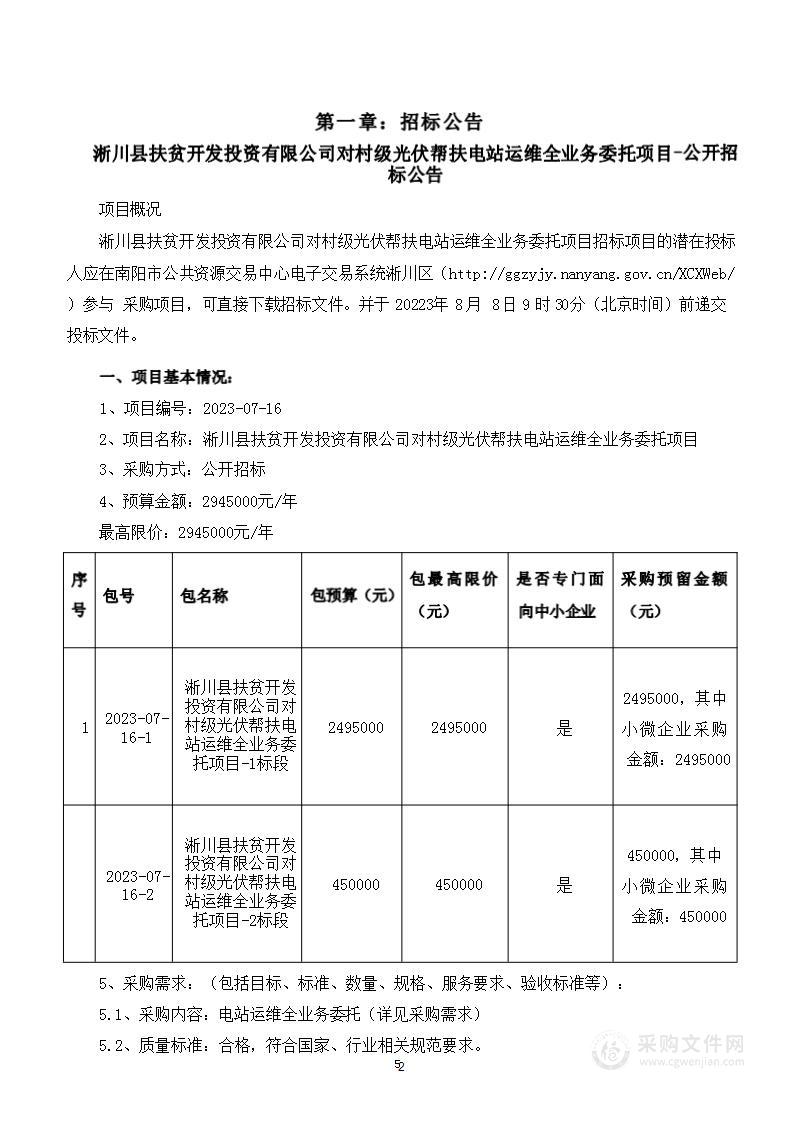 淅川县扶贫开发投资有限公司对村级光伏帮扶电站运维全业务委托项目