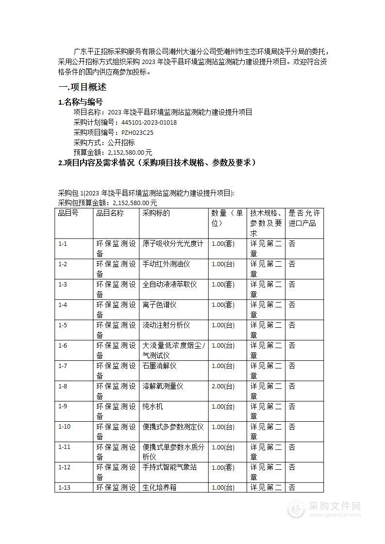 2023年饶平县环境监测站监测能力建设提升项目