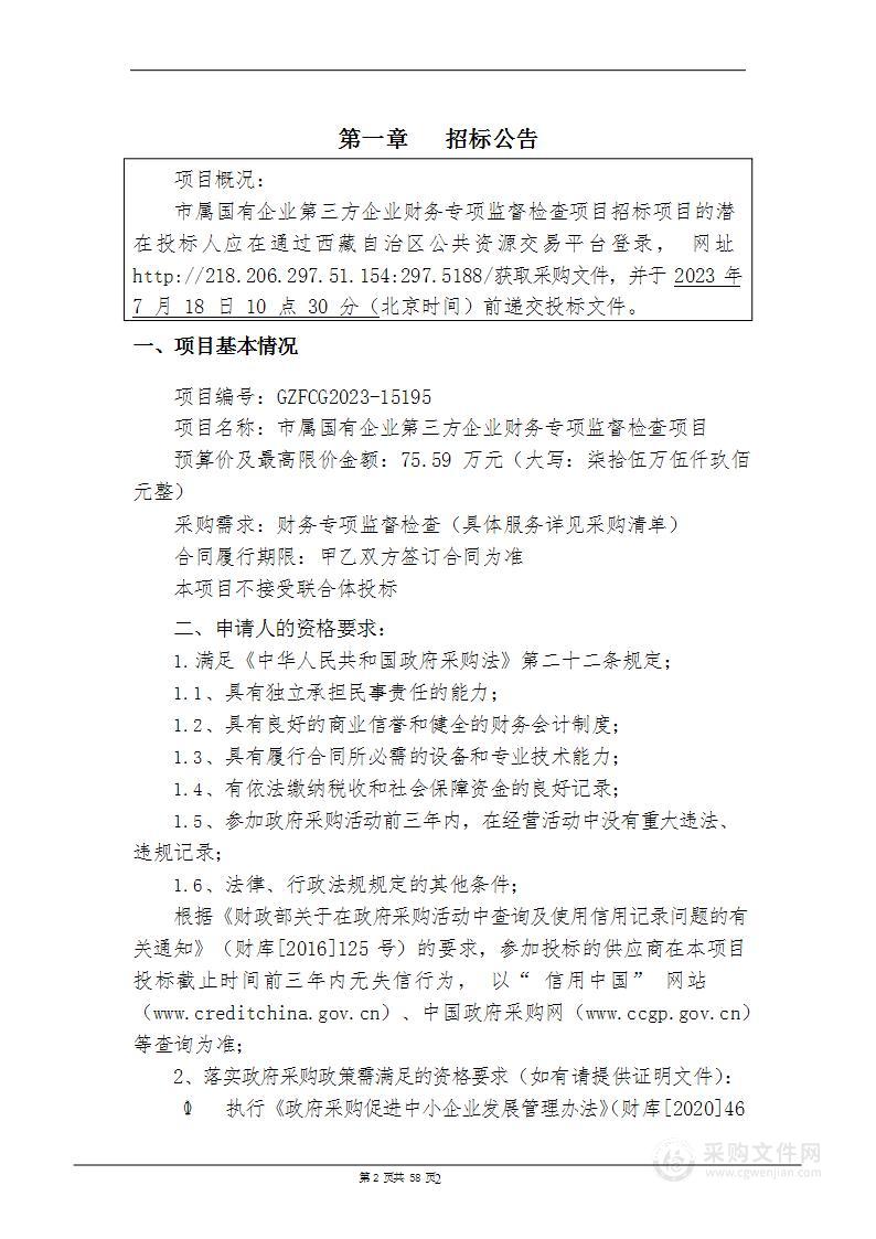 市属国有企业第三方企业财务专项监督检查项目