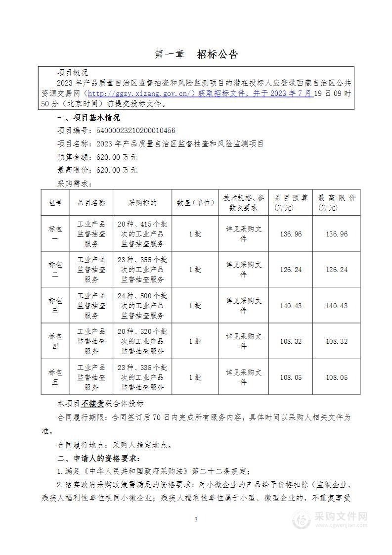 2023年产品质量自治区监督抽查和风险监测项目