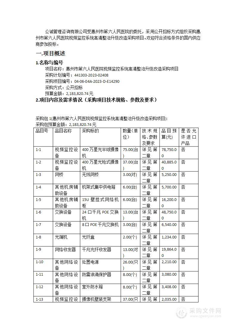 惠州市第六人民医院视频监控系统高清整治升级改造采购项目