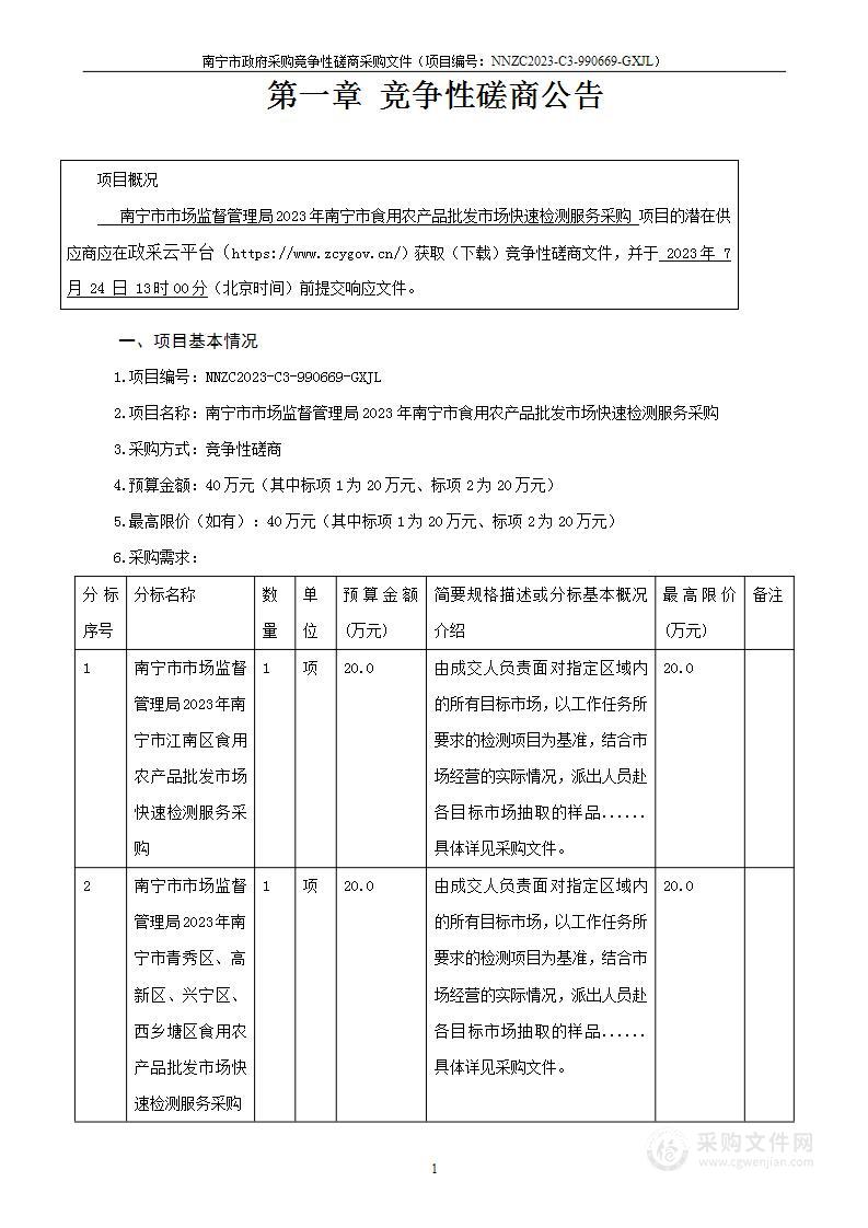 南宁市市场监督管理局2023年南宁市食用农产品批发市场快速检测服务采购