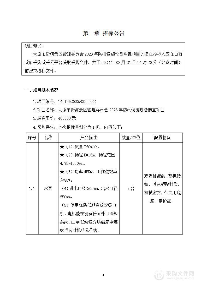 太原市汾河景区管理委员会2023年防汛设施设备购置项目