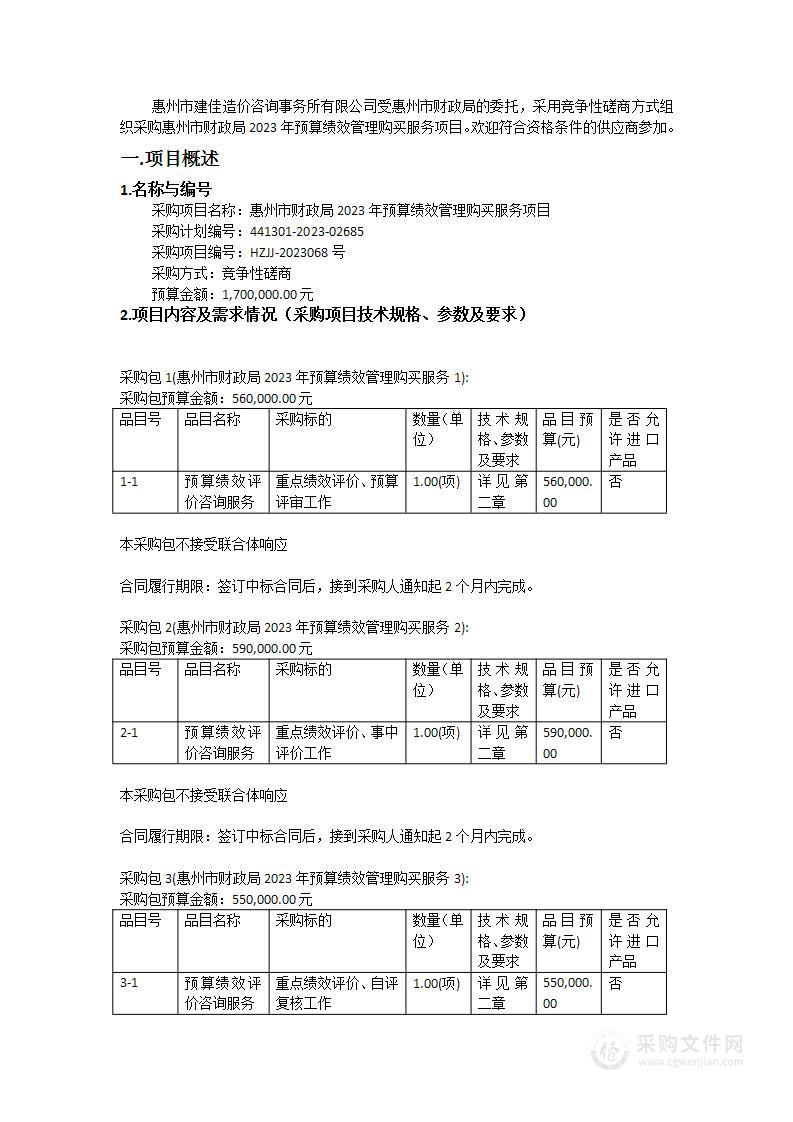 惠州市财政局2023年预算绩效管理购买服务项目