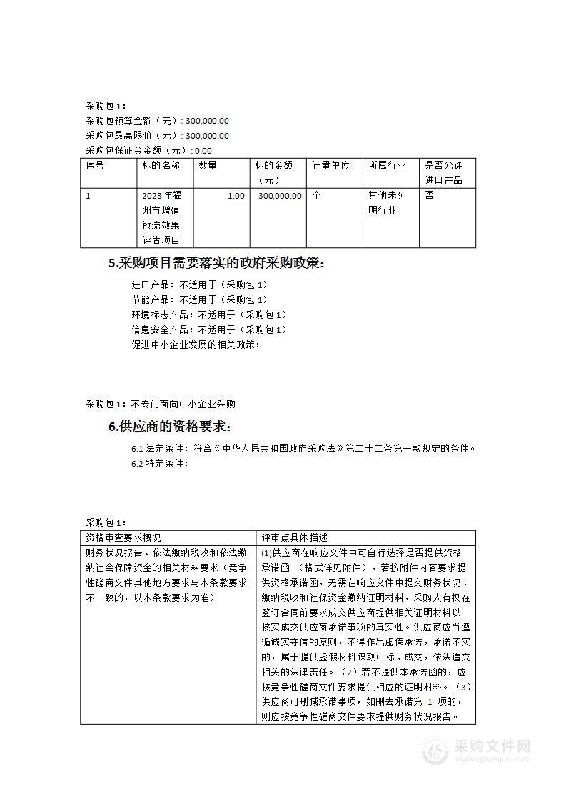 福州市海洋与渔业局2023年福州市增殖放流效果评估项目