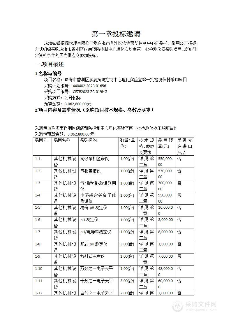 珠海市香洲区疾病预防控制中心理化实验室第一批检测仪器采购项目