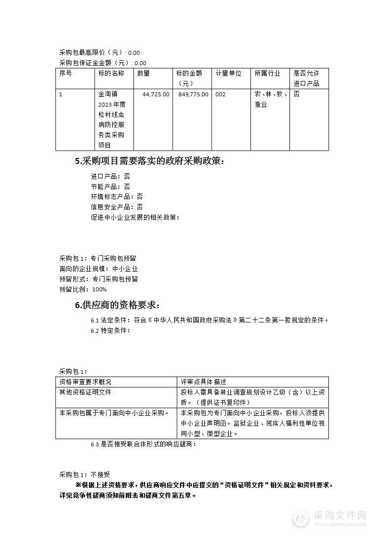 金淘镇2023年度松材线虫病防控服务类采购项目