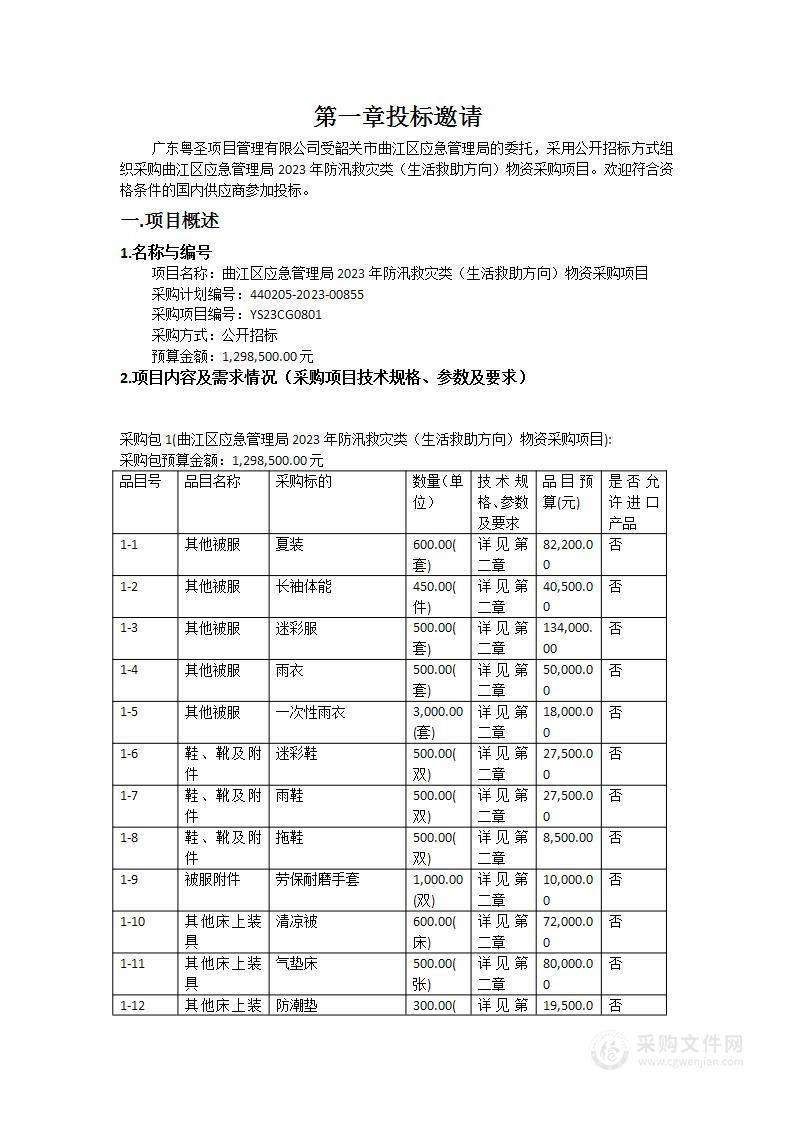 曲江区应急管理局2023年防汛救灾类（生活救助方向）物资采购项目