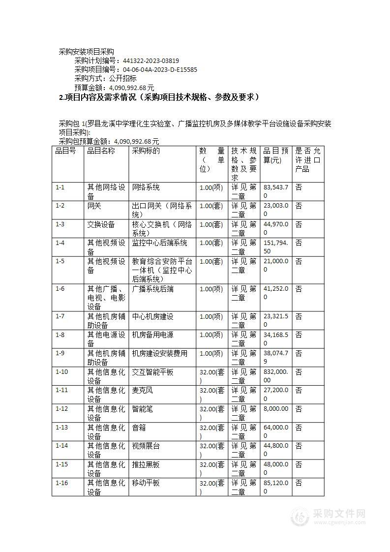 博罗县龙溪中学理化生实验室、广播监控机房及多媒体教学平台设施设备采购安装项目采购