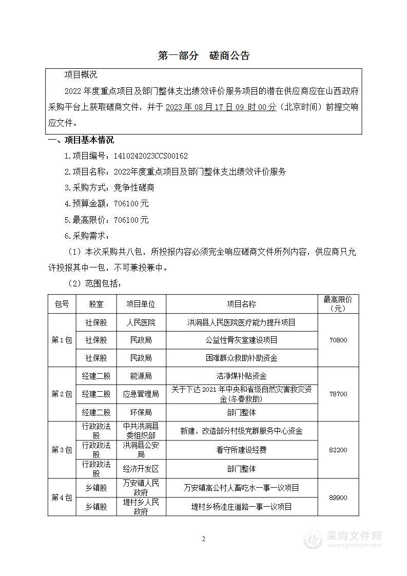 2022年度重点项目及部门整体支出绩效评价服务