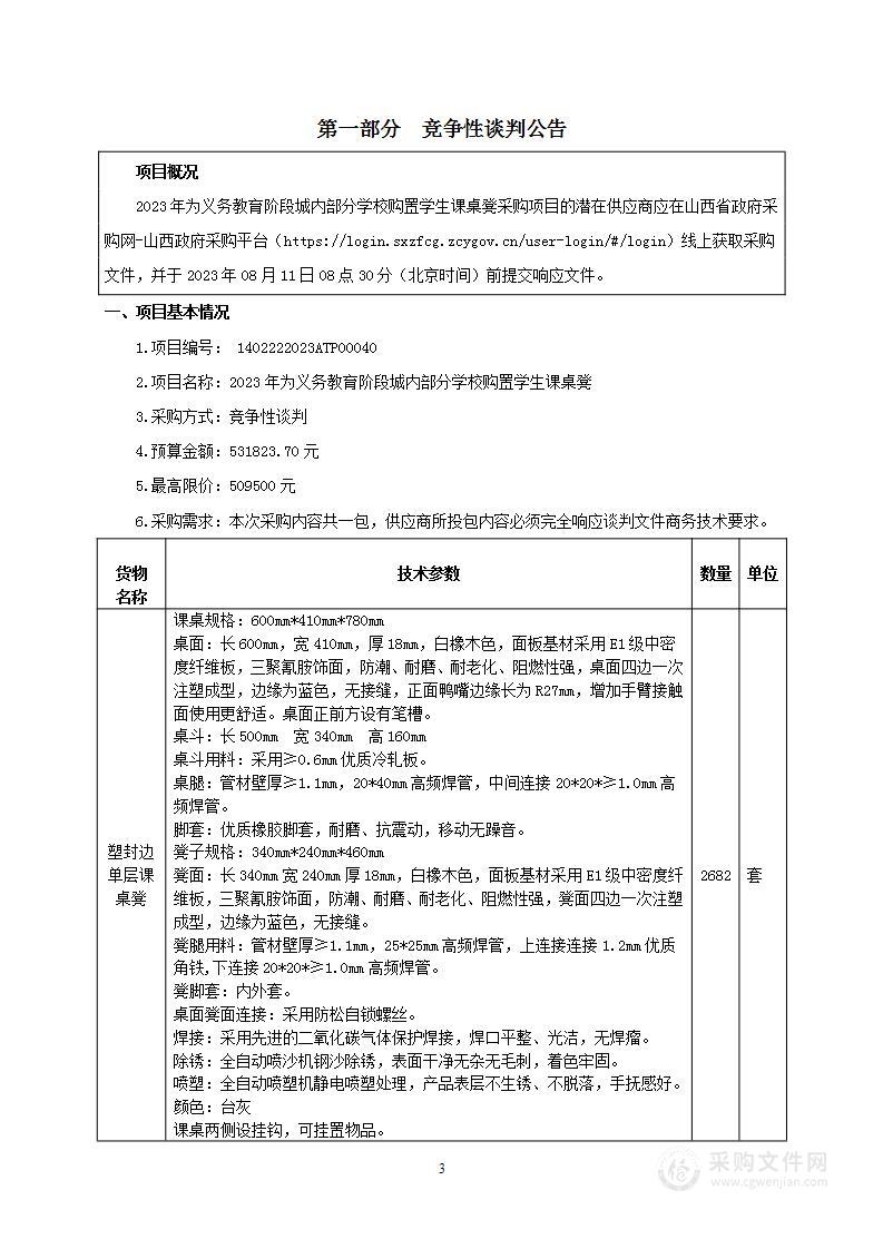 2023年为义务教育阶段城内部分学校购置学生课桌凳