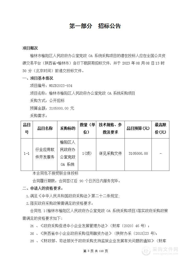 榆林市榆阳区人民政府办公室党政OA系统采购项目