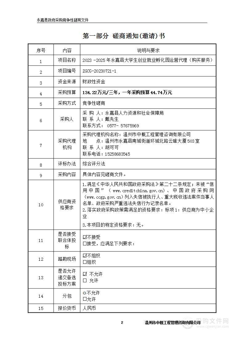 2023 -2025年永嘉县大学生创业就业孵化园运营代理（购买服务）