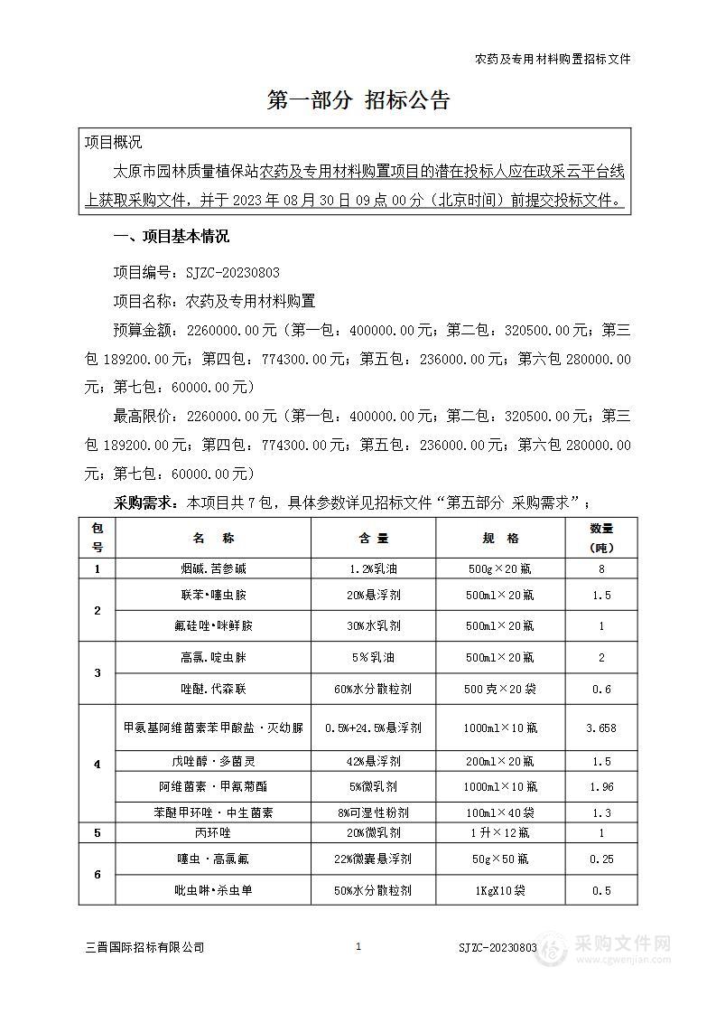 农药及专用材料购置