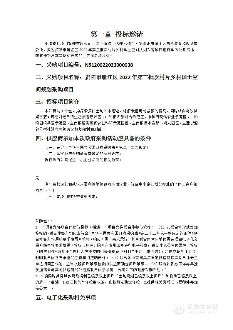 资阳市雁江区2022年第三批次村片乡村国土空间规划采购项目