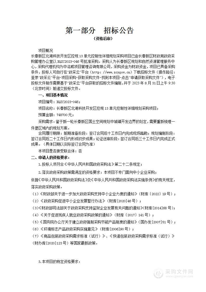 长春新区北湖科技开发区控规13单元控制性详细规划采购项目