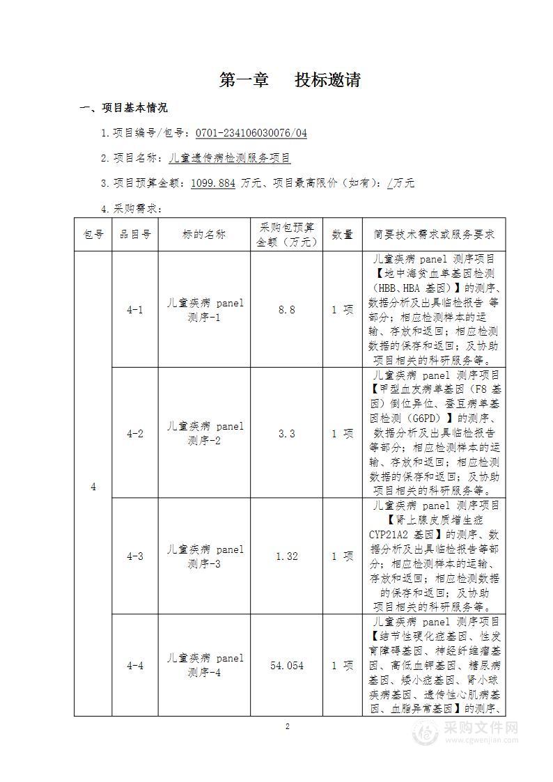 儿童遗传病检测服务项目（第四包）