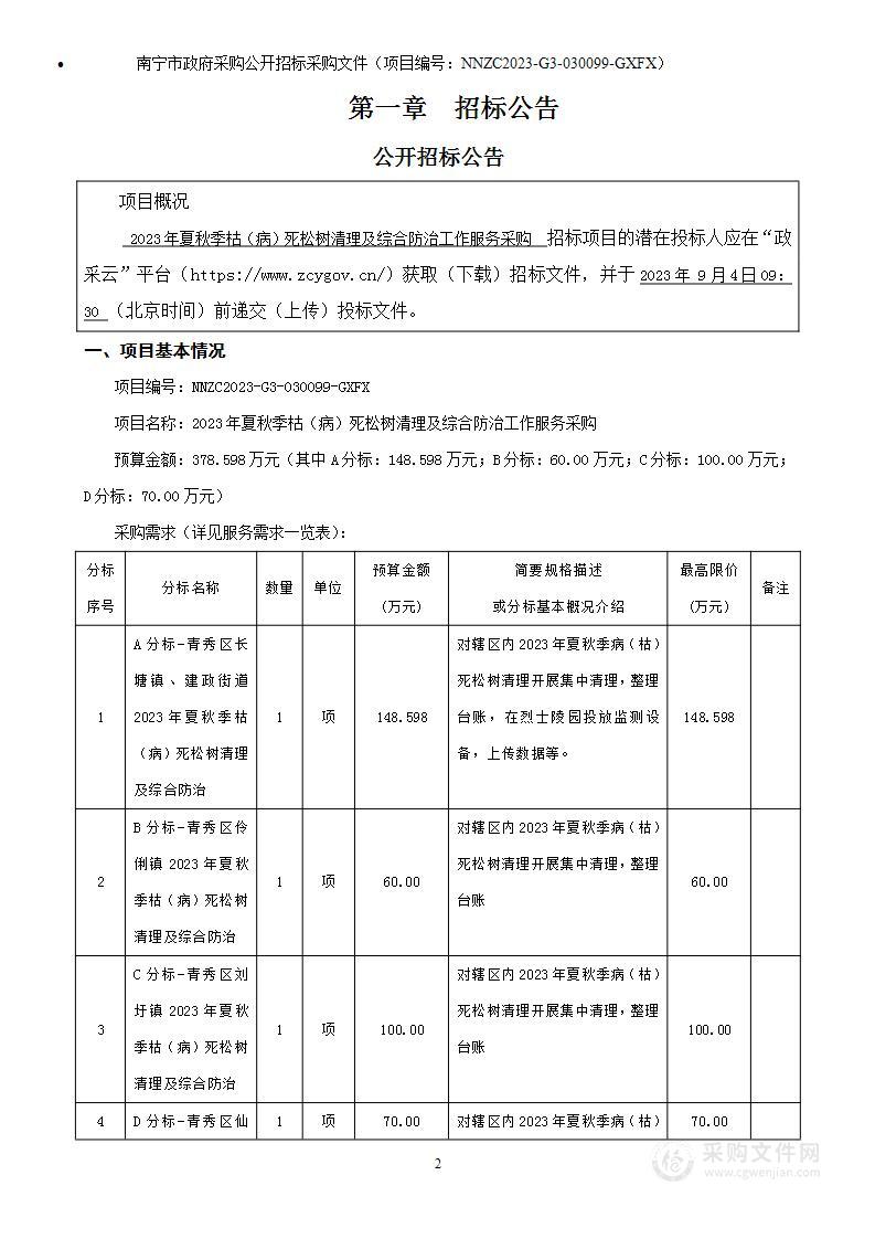 2023年夏秋季枯（病）死松树清理及综合防治工作服务采购