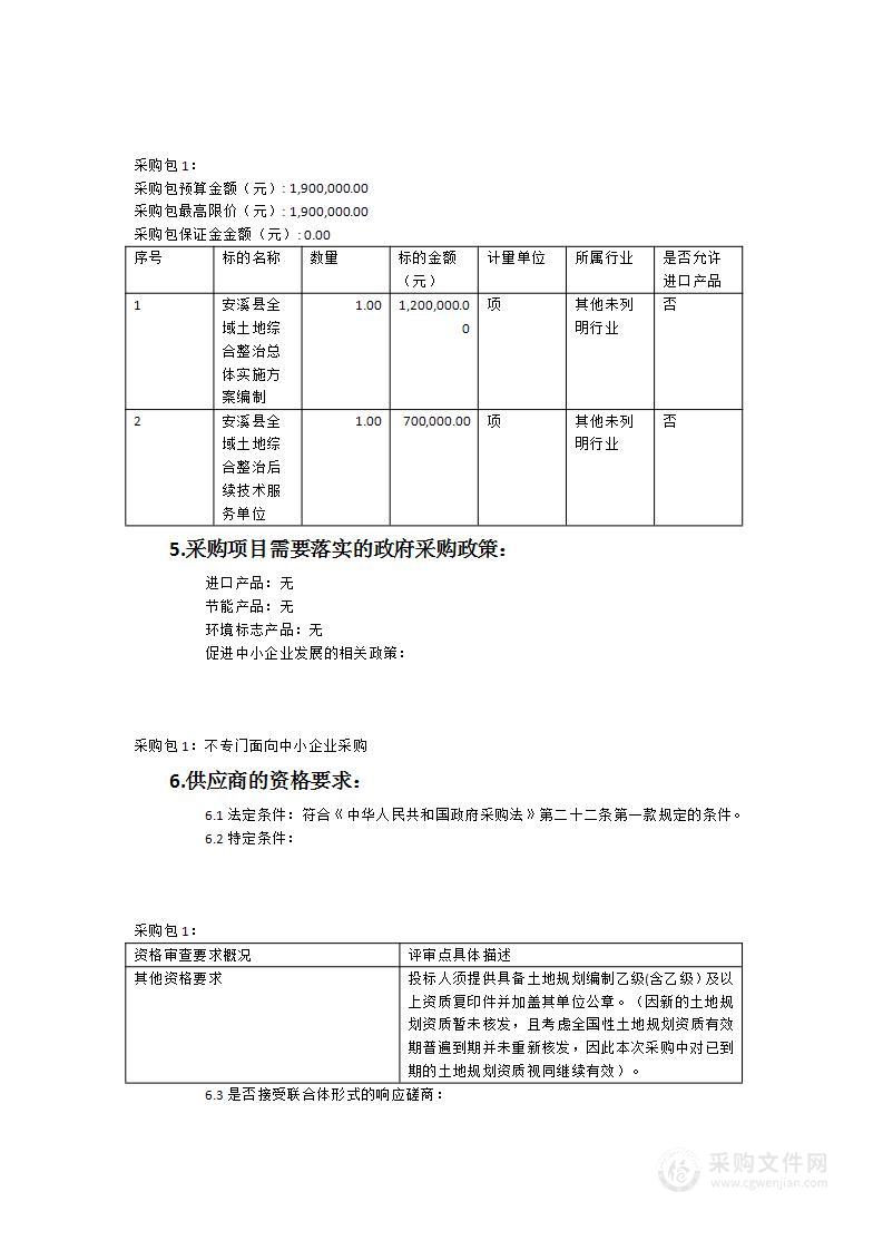 安溪县全域土地综合整治总体实施方案编制及后续技术服务单位采购项目