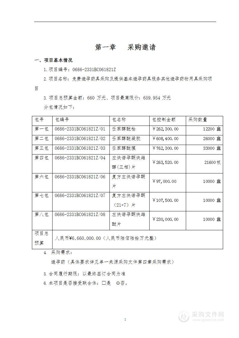 免费避孕药具采购及提供基本避孕药具服务其他避孕药物用具采购项目（第6包）