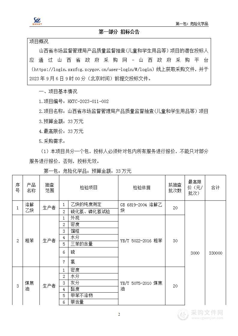 山西省市场监督管理局产品质量监督抽查(儿童和学生用品等）项目