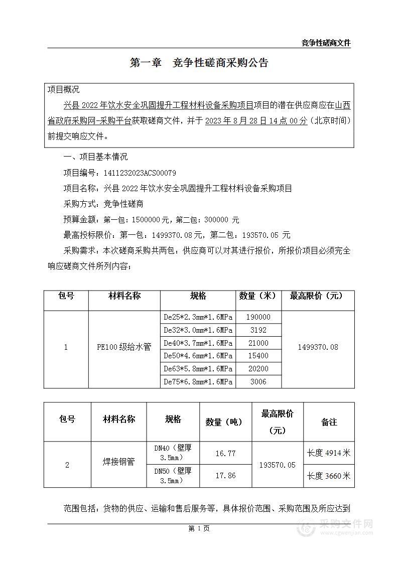 兴县2022年饮水安全巩固提升工程材料设备采购项目