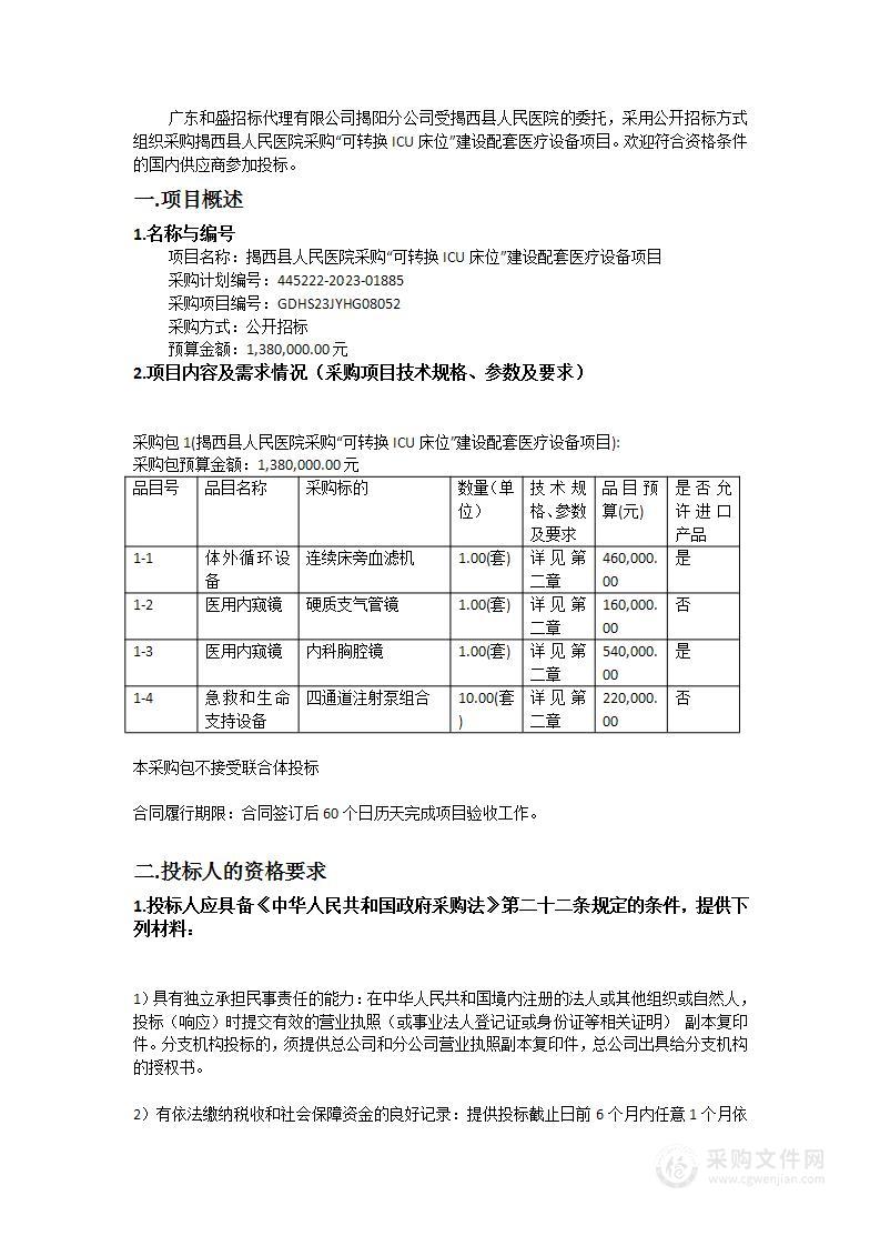 揭西县人民医院采购“可转换ICU床位”建设配套医疗设备项目