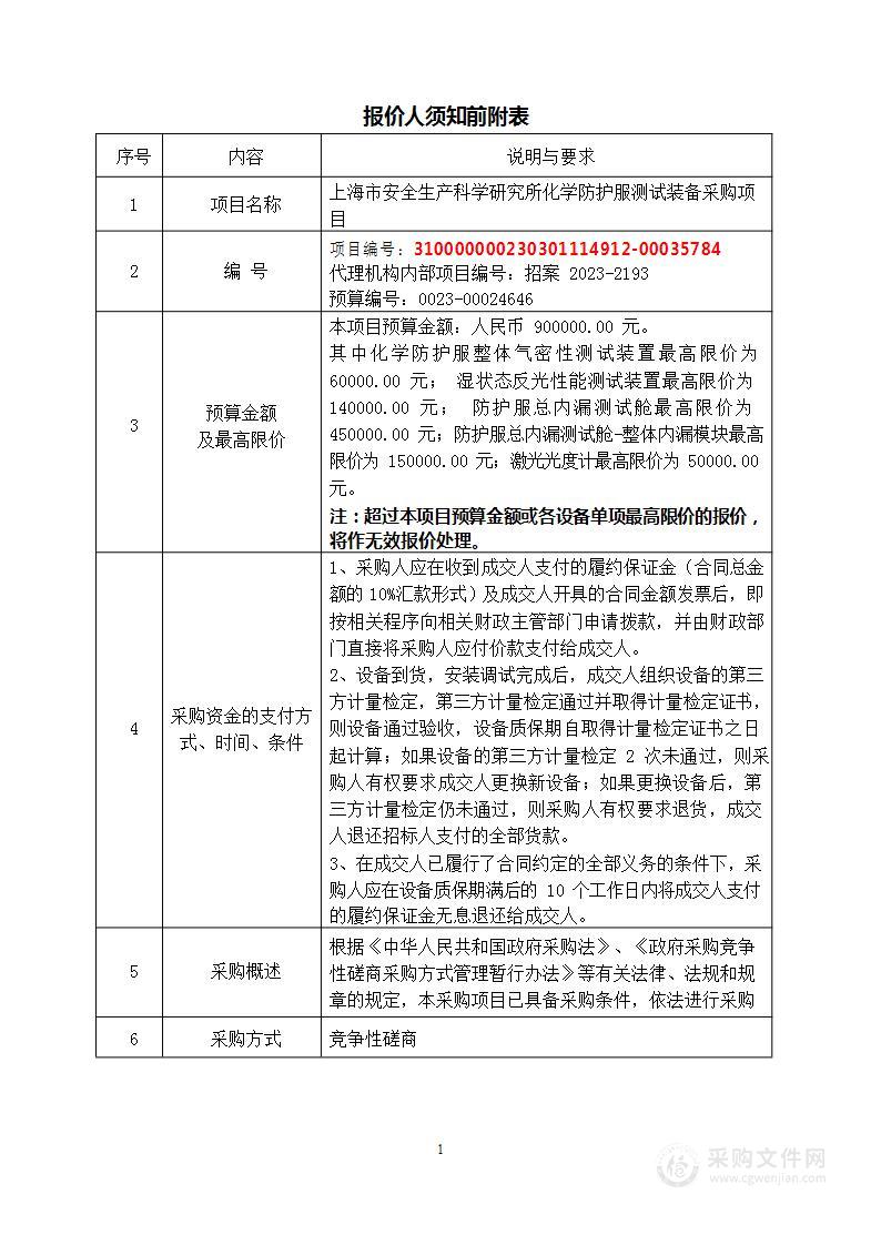 上海市安全生产科学研究所化学防护服测试装备采购项目