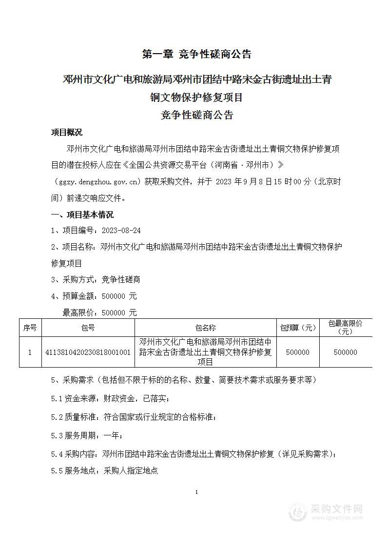 邓州市文化广电和旅游局邓州市团结中路宋金古街遗址出土青铜文物保护修复项目