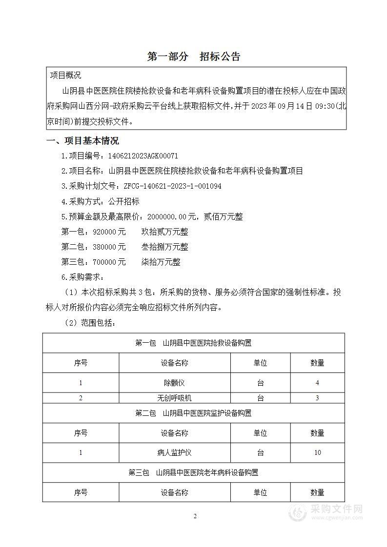 山阴县中医医院住院楼抢救设备和老年病科设备购置项目