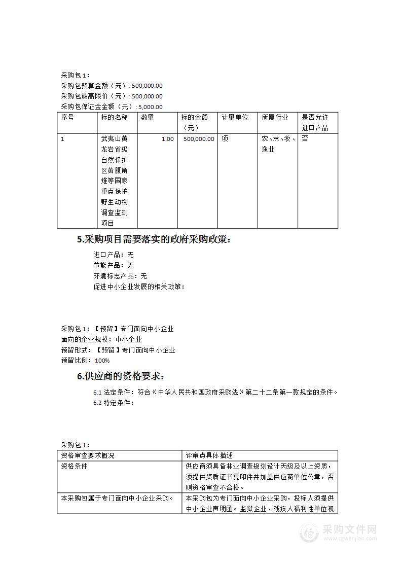 武夷山黄龙岩省级自然保护区黄腹角雉等国家重点保护野生动物调查监测项目