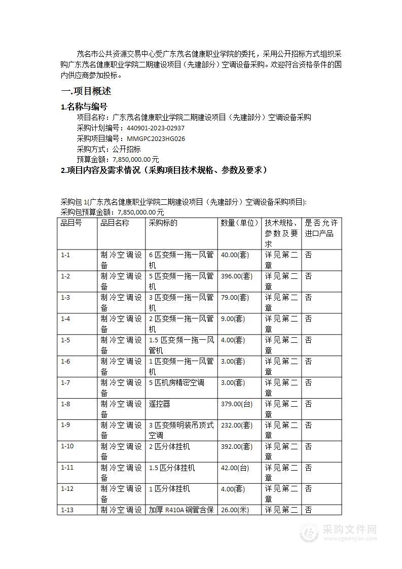 广东茂名健康职业学院二期建设项目（先建部分）空调设备采购