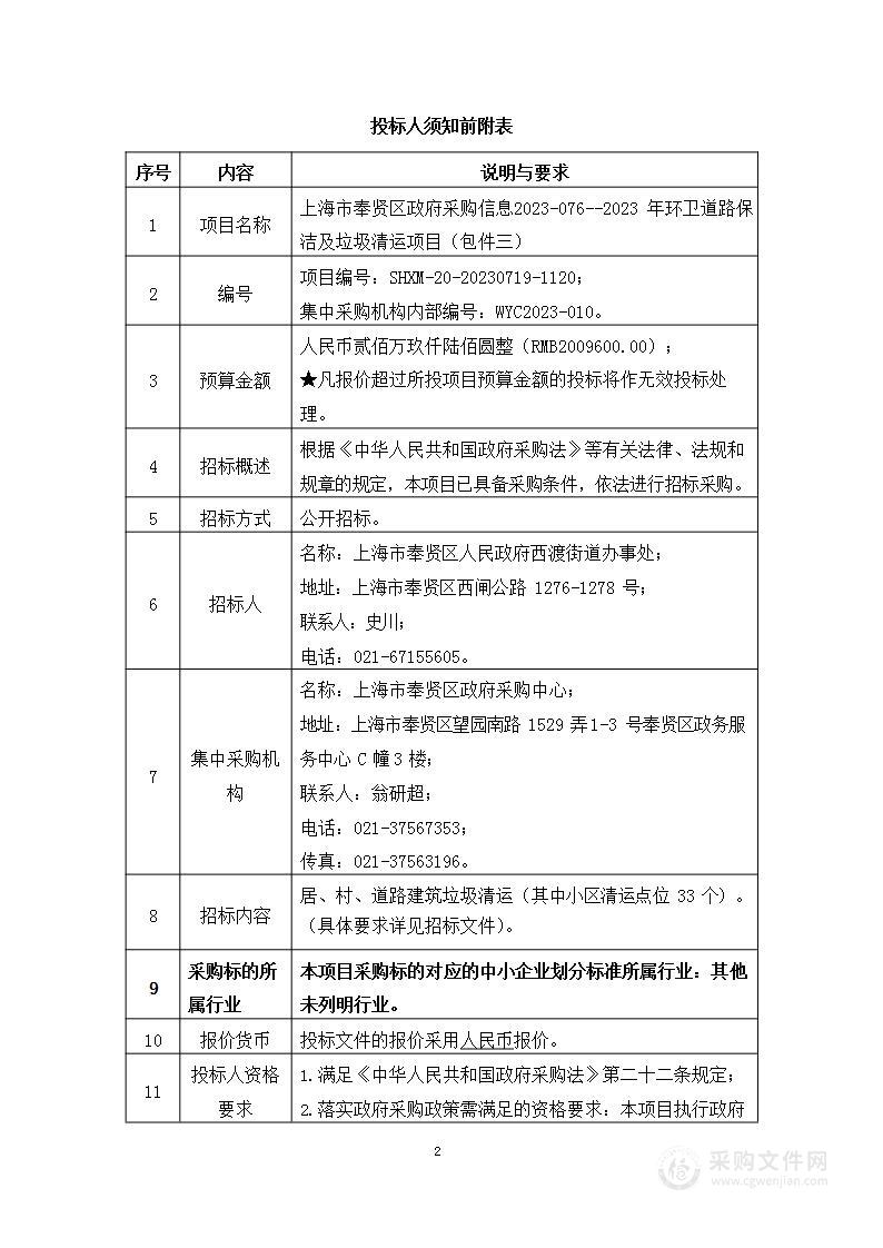 上海市奉贤区政府采购信息2023-076--2023年环卫道路保洁及垃圾清运项目（包件三）