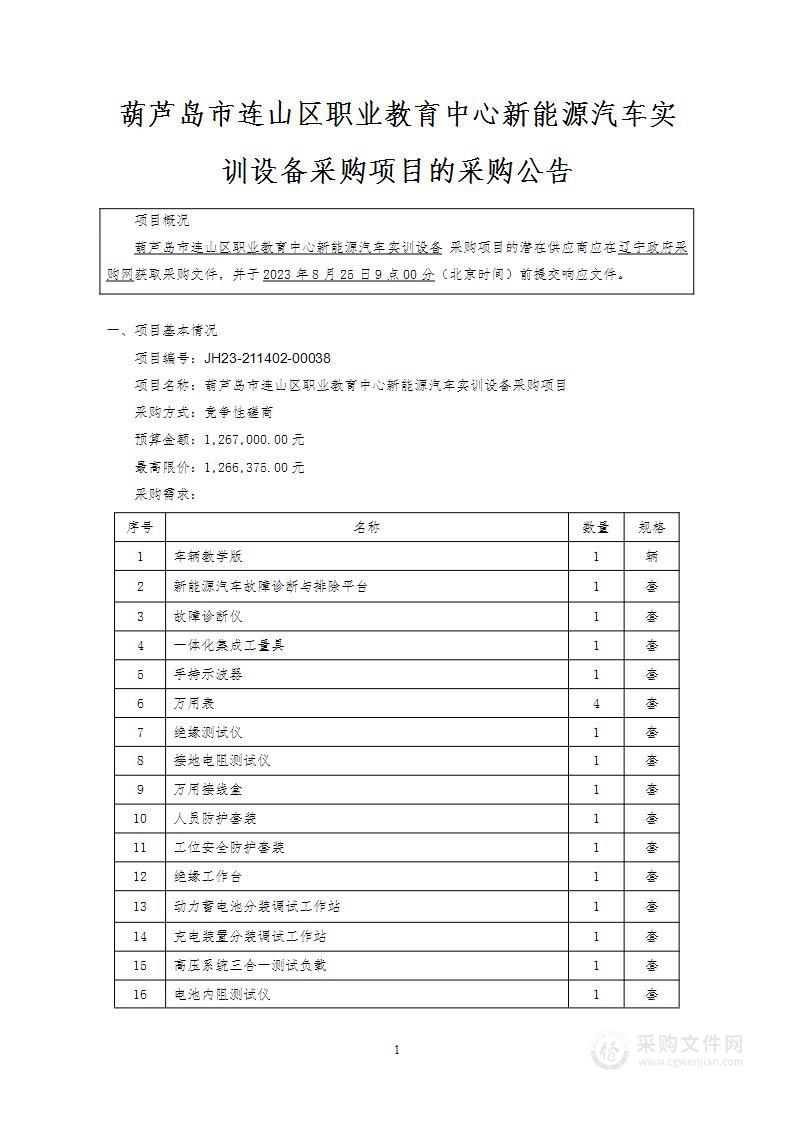 葫芦岛市连山区职业教育中心新能源汽车实训设备采购项目