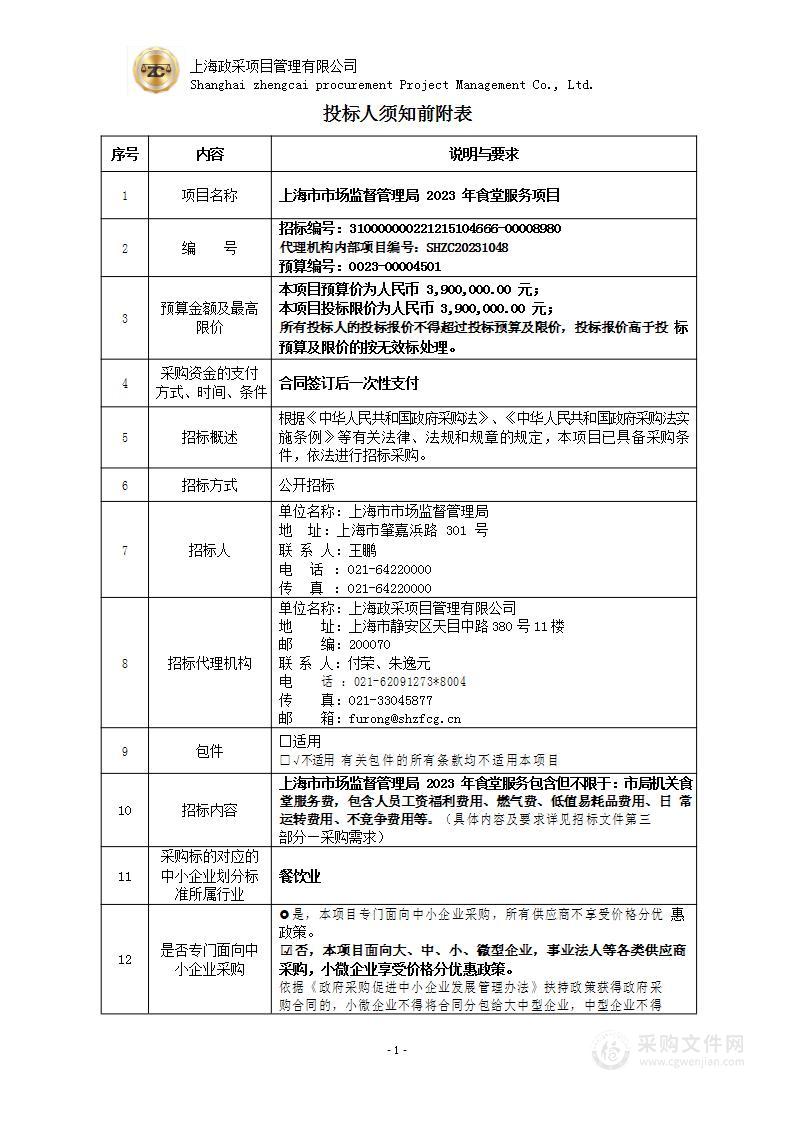 上海市市场监督管理局2023年食堂服务项目