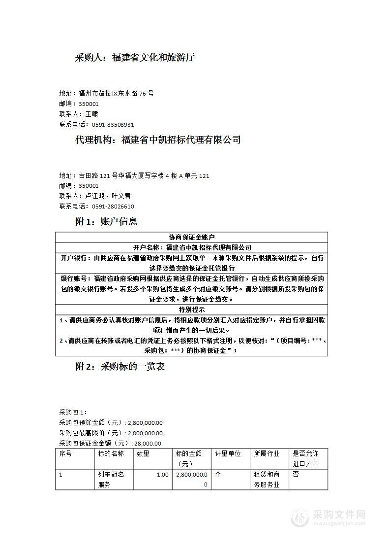 “清新福建”旅游列车冠名项目