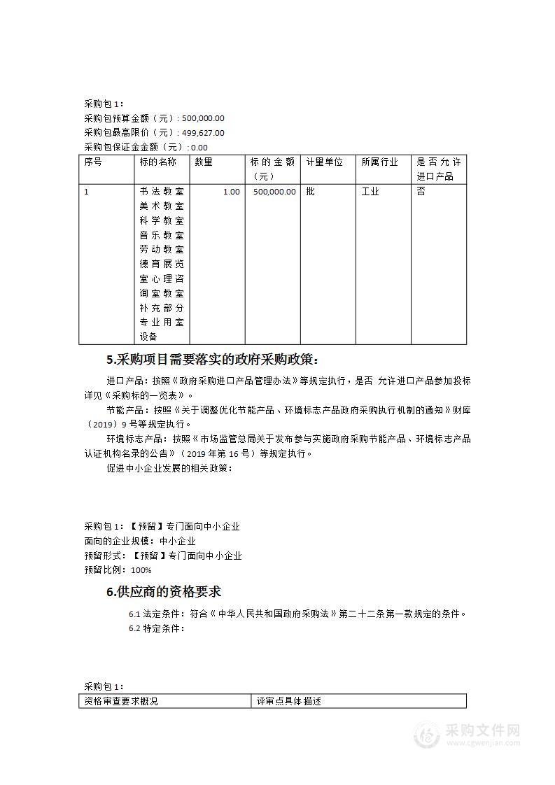 书法教室、美术教室、科学教室、音乐教室、劳动教室、德育展览室心理咨询室教室补充部分专业用室设备