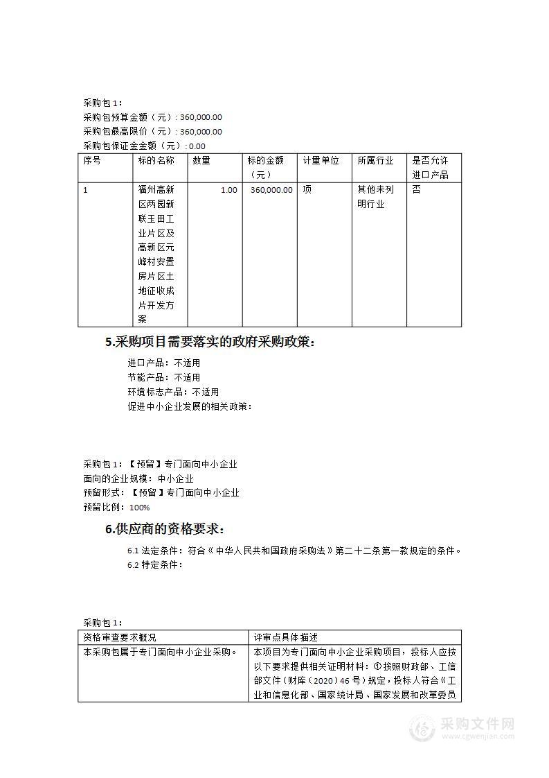 福州高新区两园新联玉田工业片区、高新区元峰村安置房片区土地征收成片开发方案