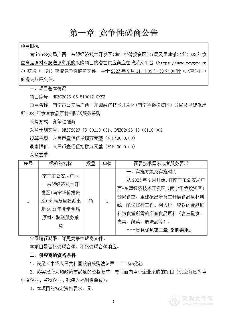 南宁市公安局广西—东盟经济技术开发区(南宁华侨投资区）分局及里建派出所2023年食堂食品原材料配送服务采购