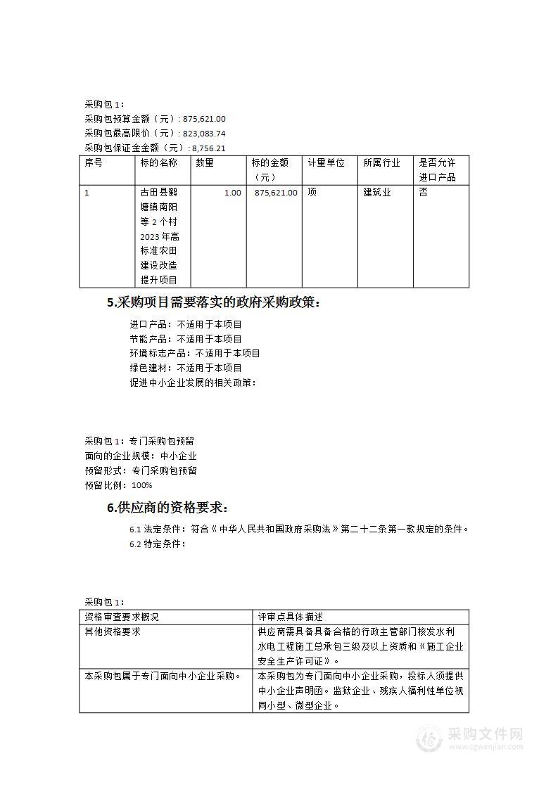 古田县鹤塘镇南阳等2个村2023年高标准农田建设改造提升项目