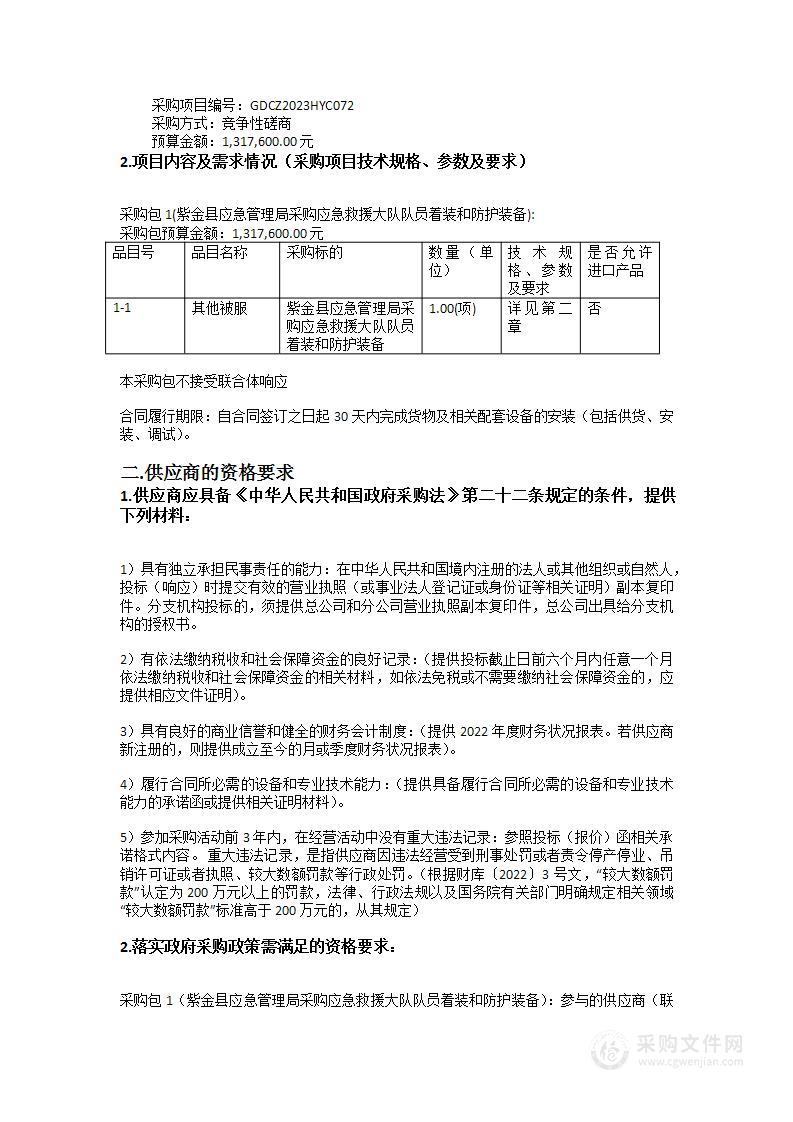 紫金县应急管理局采购应急救援大队队员着装和防护装备