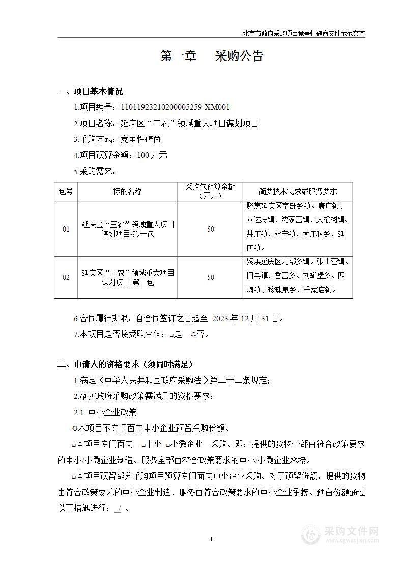 延庆区“三农”领域重大项目谋划项目