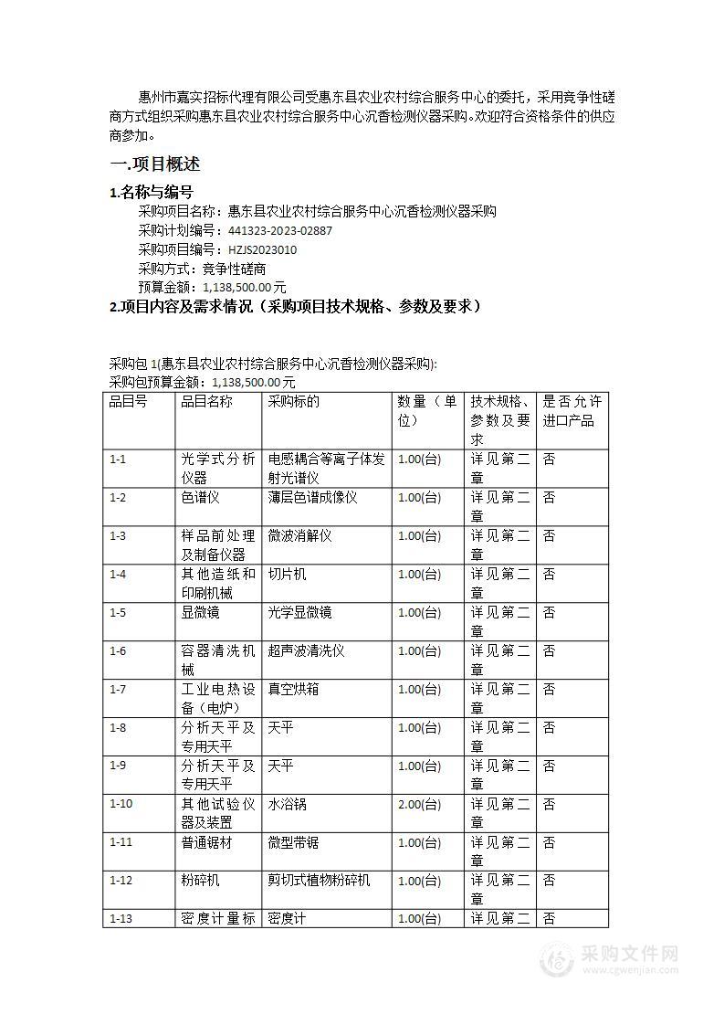 惠东县农业农村综合服务中心沉香检测仪器采购