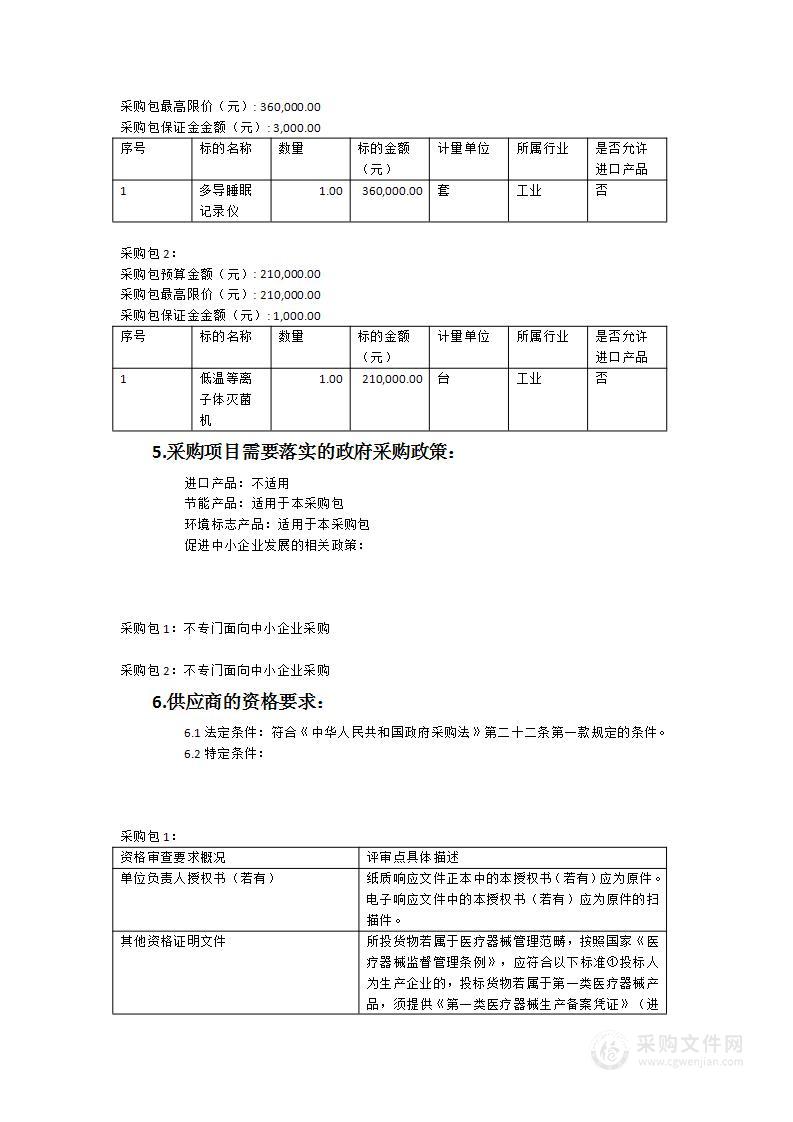 多导睡眠记录仪、低温等离子体灭菌机采购项目