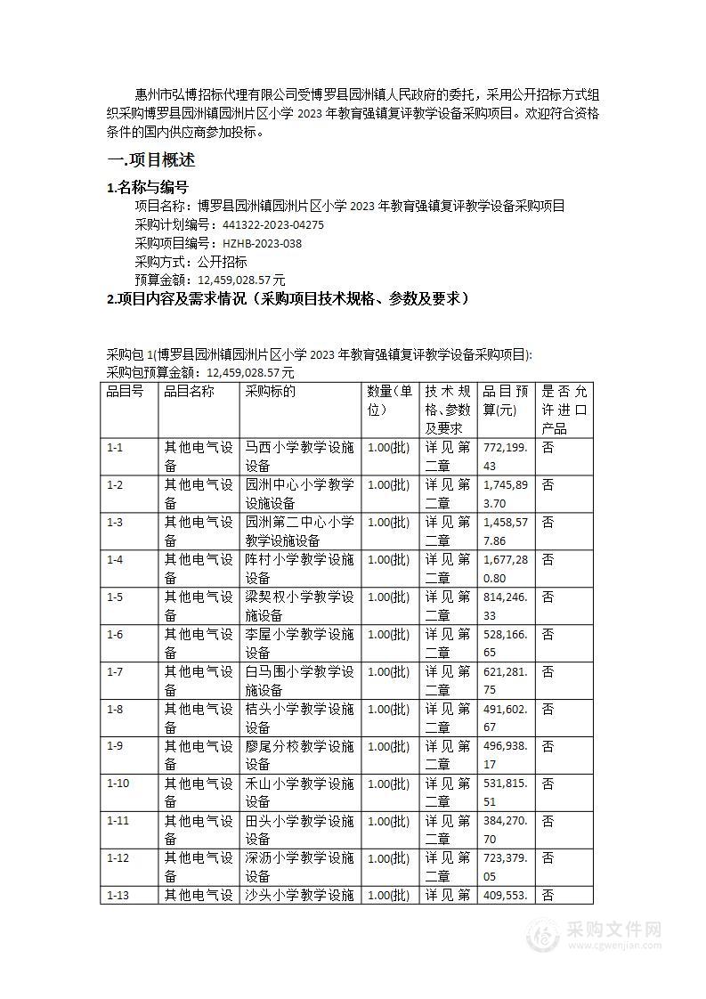 博罗县园洲镇园洲片区小学2023年教育强镇复评教学设备采购项目