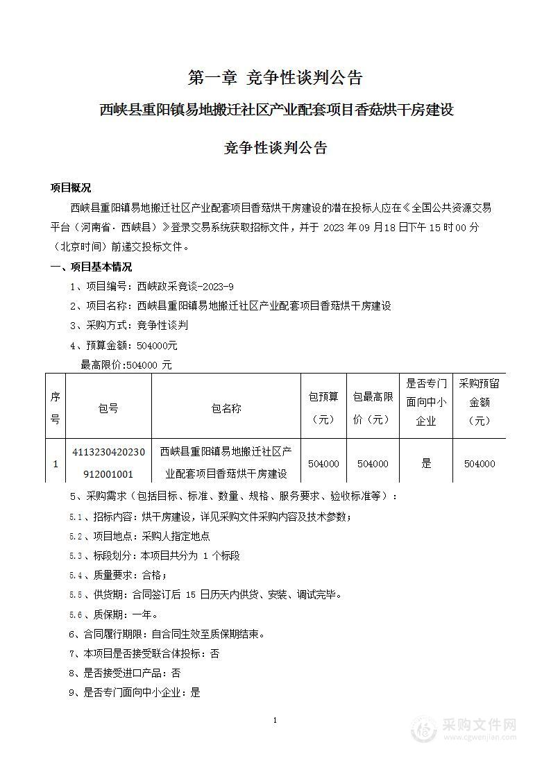 西峡县重阳镇易地搬迁社区产业配套项目香菇烘干房建设