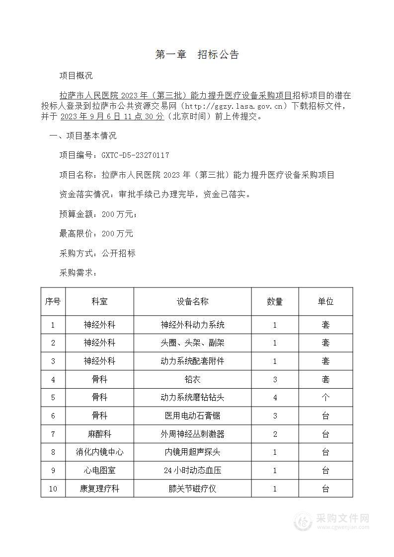 拉萨市人民医院2023年（第三批）能力提升医疗设备采购项目