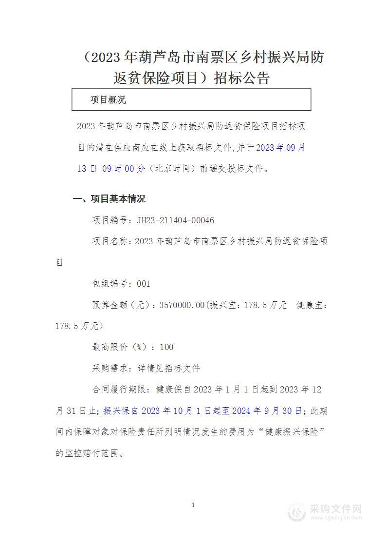 2023年葫芦岛市南票区乡村振兴局防返贫保险项目